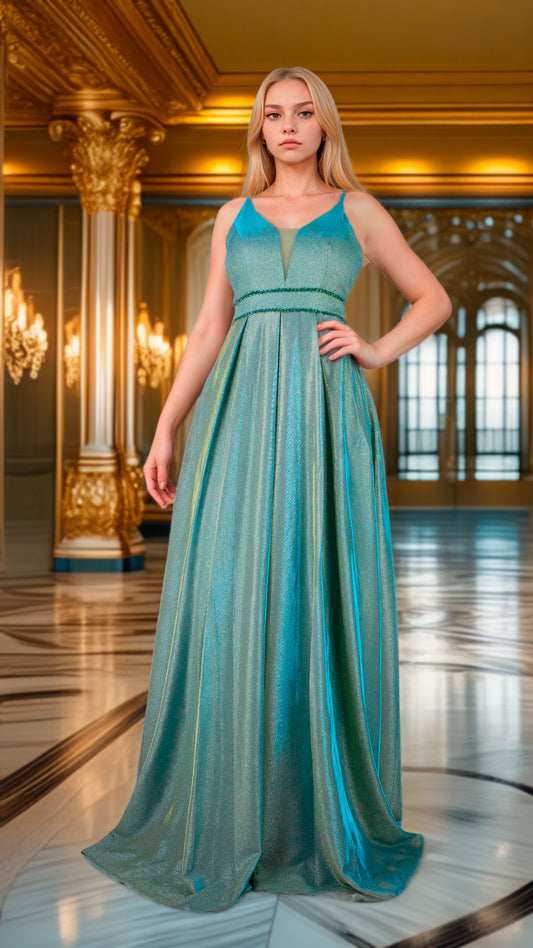 Vestido Corte Princesa Verde Tornasol con Glitter Plateado y Bordado en Cintura Tallas S-L