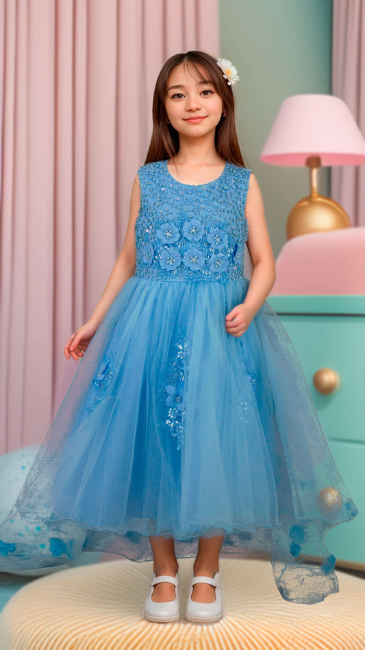 Vestido Infantil Azul Cielo con Bordado Floral y Flores 3D | Roco Atelier