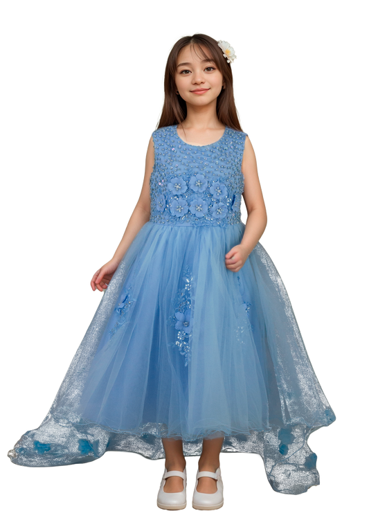 Vestido Infantil Azul Cielo con Bordado Floral y Flores 3D | Roco Atelier