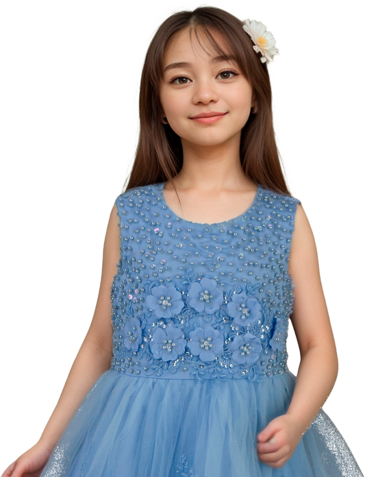 Vestido Infantil Azul Cielo con Bordado Floral y Flores 3D | Roco Atelier