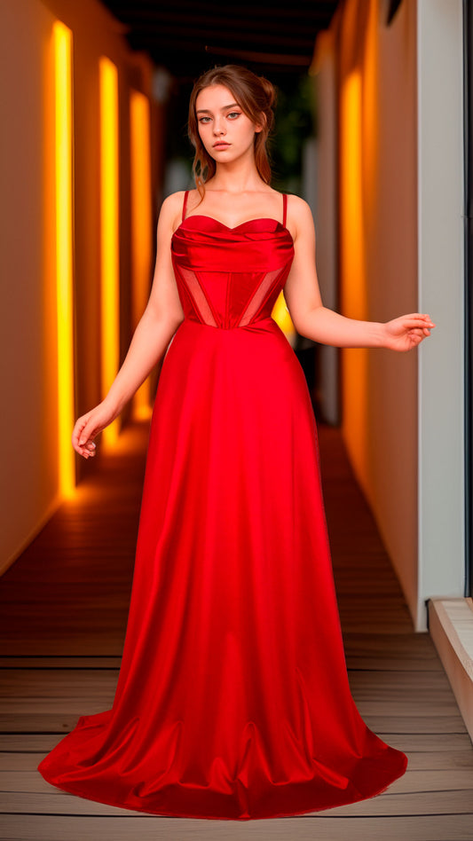 Vestido Rojo Escote Corazón Corte Princesa con Corset y Transparencias Tallas M-XL