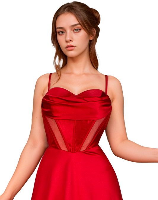 Vestido Rojo Escote Corazón Corte Princesa con Corset y Transparencias Tallas M-XL