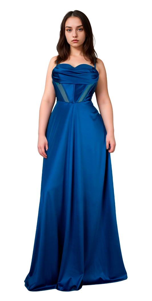Vestido Azul Teal Corte Princesa con Escote Corazón en Satín Tallas S-L