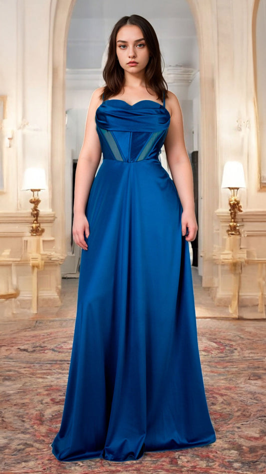 Vestido Azul Teal Corte Princesa con Escote Corazón en Satín Tallas S-L