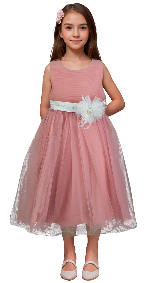 Vestido Niña Rosa Palo Tul con Cinturón Blanco y Bordado