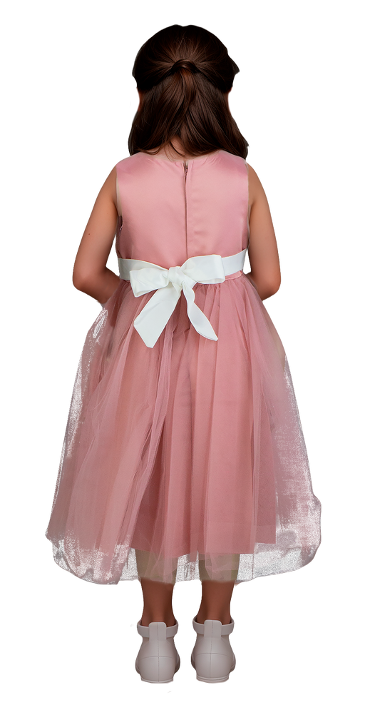Vestido Niña Rosa Palo Tul con Cinturón Blanco y Bordado
