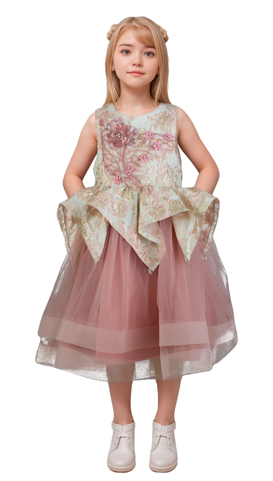 Vestido Niña Rosa Palo con Aplicaciones y Falda de Tul Esponjosa