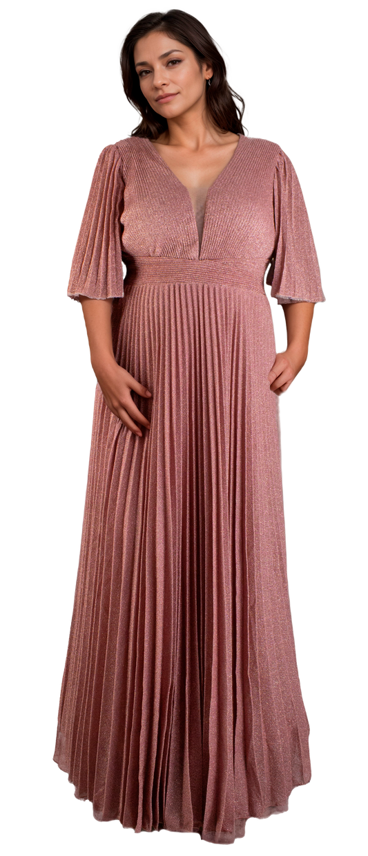 Vestido Rosa Tallas Extra con Manga 3/4 y Diseño Plisado Favorecedor Tallas XL-3XL