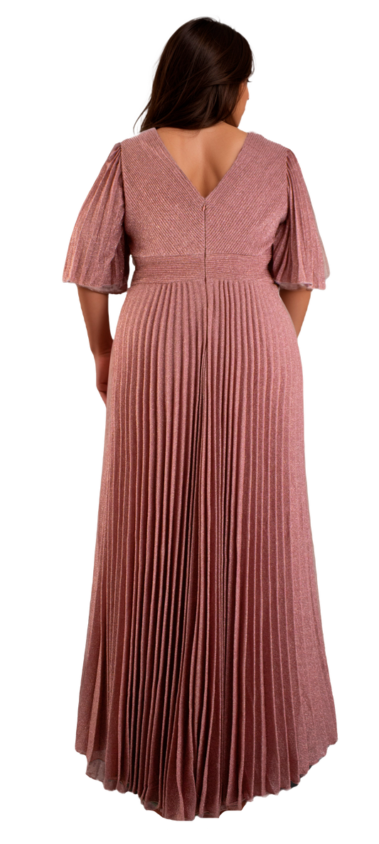 Vestido Rosa Tallas Extra con Manga 3/4 y Diseño Plisado Favorecedor Tallas XL-3XL