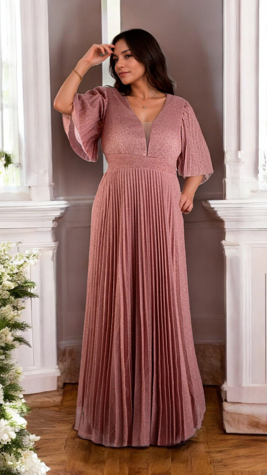 Vestido Rosa Tallas Extra con Manga 3/4 y Diseño Plisado Favorecedor Tallas XL-3XL