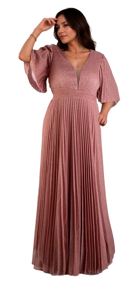 Vestido Rosa Tallas Extra con Manga 3/4 y Diseño Plisado Favorecedor Tallas XL-3XL