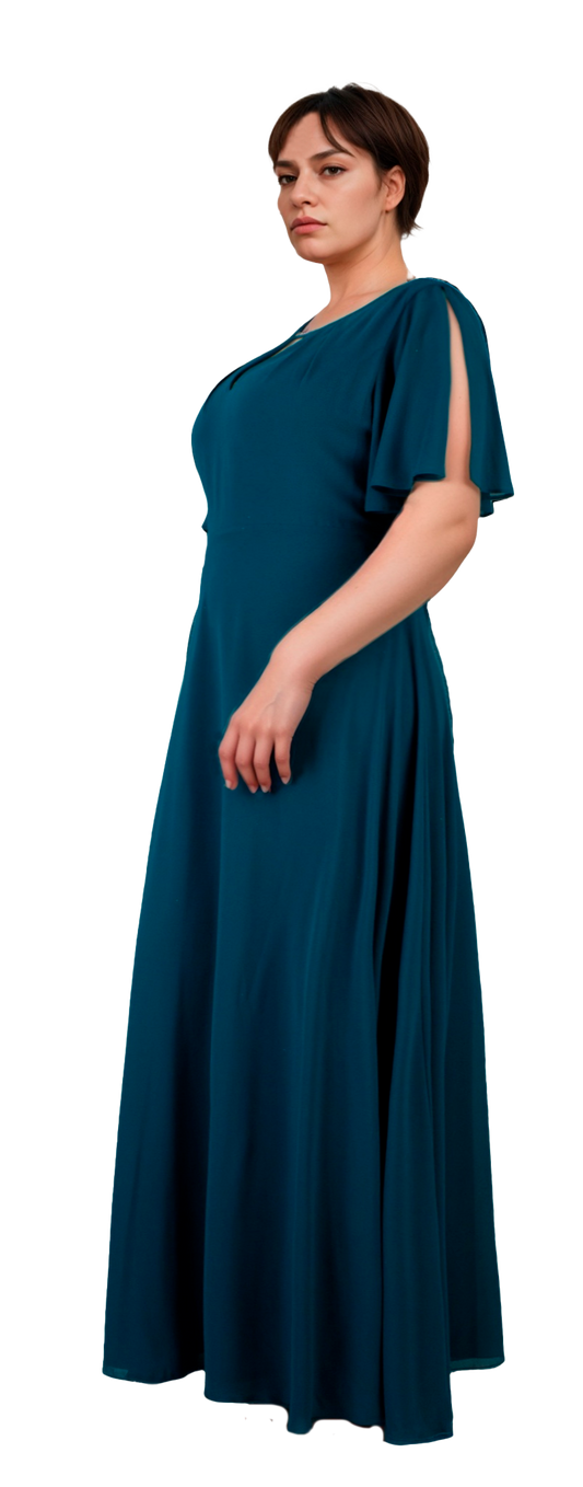 Vestido Chifón Turquesa Tallas Extras con Mangas Abiertas 3/4 | XL-3XL