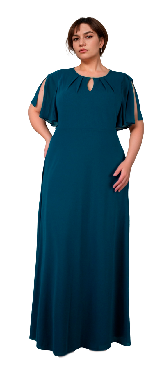 Vestido Chifón Turquesa Tallas Extras con Mangas Abiertas 3/4 | XL-3XL