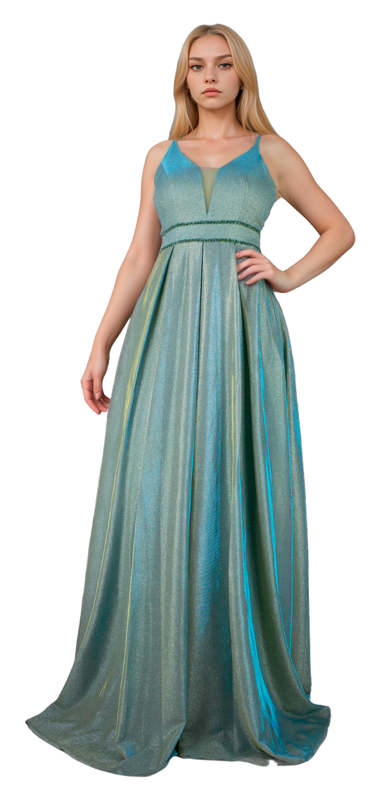 Vestido Corte Princesa Verde Tornasol con Glitter Plateado y Bordado en Cintura Tallas S-L