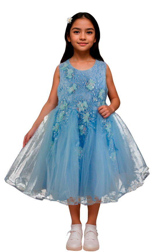 Vestido Infantil Azul Cielo con Bordado y Tul - Niña