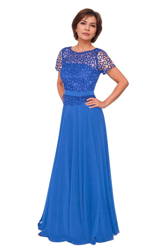 Vestido Largo Azul Rey Corte Princesa con Mangas Cortas y Falda de Chifón Talla S