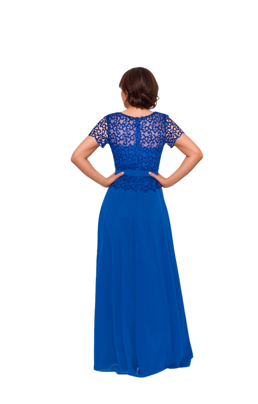 Vestido Largo Azul Rey Corte Princesa con Mangas Cortas y Falda de Chifón Talla S