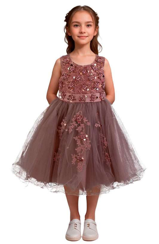 Vestido Niña Mauve Clásico con Bordado Artesanal en Pecho y Falda de Tul Tallas 2-12 Años