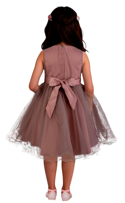 Vestido Niña Mauve Clásico con Bordado Artesanal en Pecho y Falda de Tul Tallas 2-12 Años
