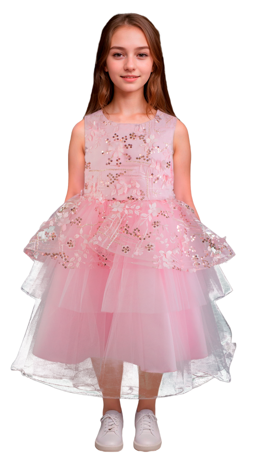Vestido Infantil Rosa Barbie con Bordado y Tul - Niña