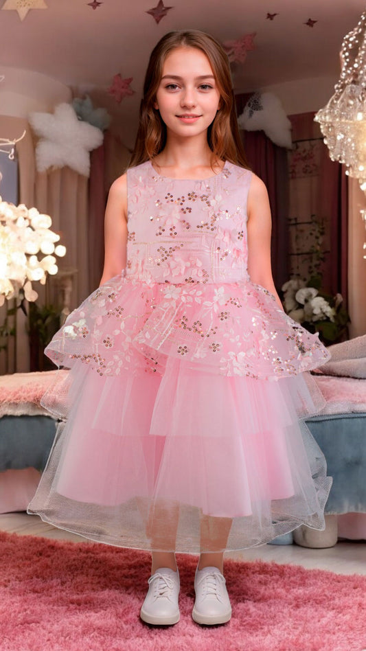 Vestido Infantil Rosa Barbie con Bordado y Tul - Niña