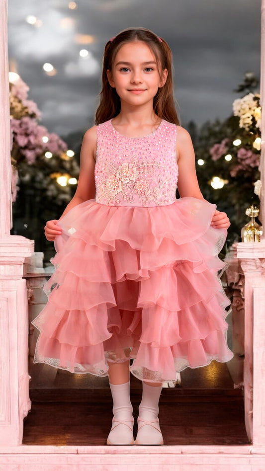 Vestido Niña Rosa Palo Sin Mangas con Bordado Artesanal, Perlas y Falda de Organza Tallas 2-12