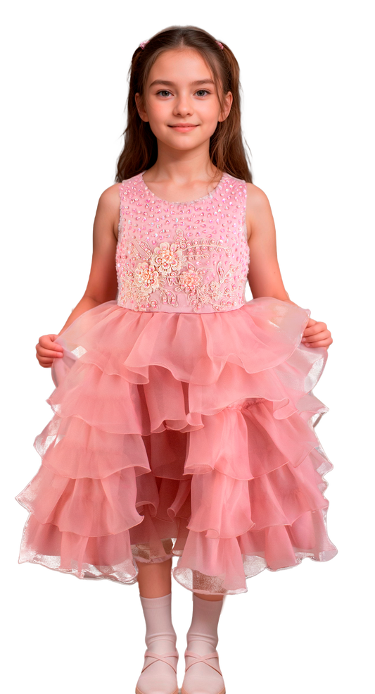 Vestido Niña Rosa Palo Sin Mangas con Bordado Artesanal, Perlas y Falda de Organza Tallas 2-12