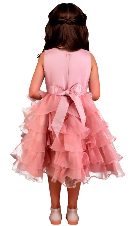 Vestido Niña Rosa Palo Sin Mangas con Bordado Artesanal, Perlas y Falda de Organza Tallas 2-12