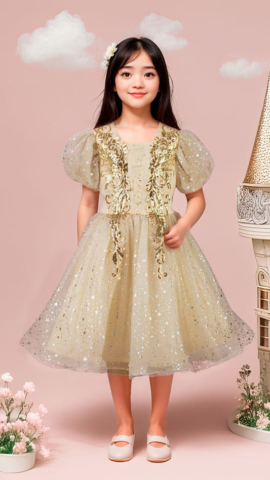Vestido Infantil Dorado con Estrellas y Mangas Bombachas | Roco Atelier