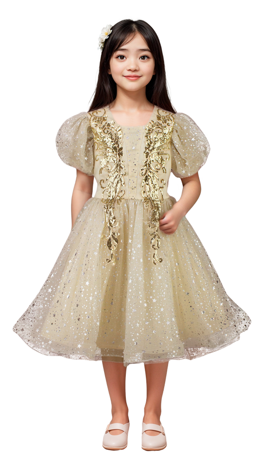 Vestido Infantil Dorado con Estrellas y Mangas Bombachas | Roco Atelier