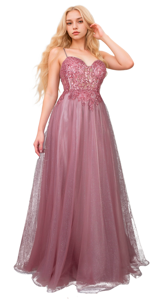 Vestido Rosa Corte Princesa con Escote Corazón, Talle Bordado y Falda de Tul con Glitter Tallas S-L