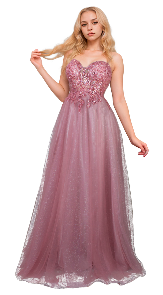 Vestido Rosa Corte Princesa con Escote Corazón, Talle Bordado y Falda de Tul con Glitter Tallas S-L