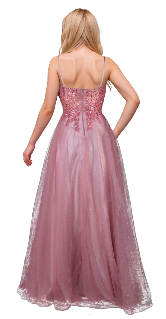 Vestido Rosa Corte Princesa con Escote Corazón, Talle Bordado y Falda de Tul con Glitter Tallas S-L