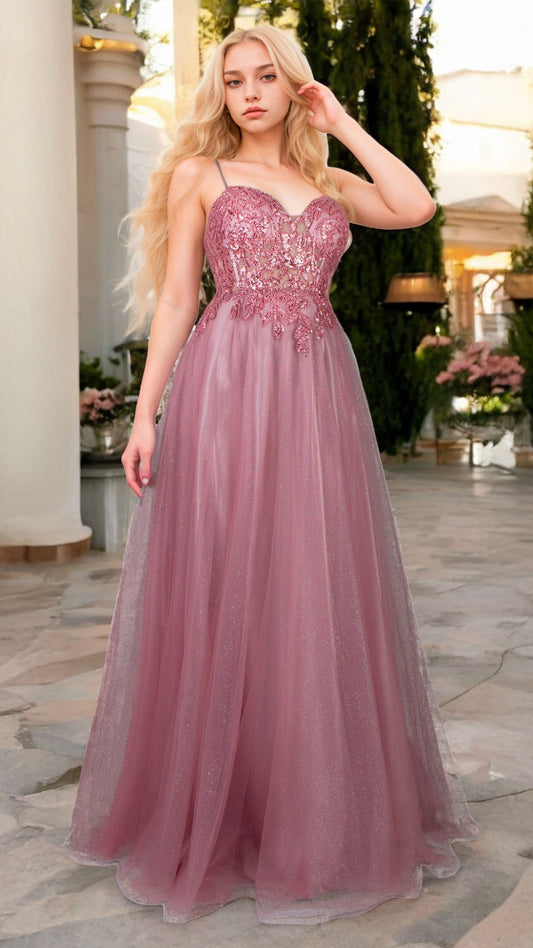 Vestido Rosa Corte Princesa con Escote Corazón, Talle Bordado y Falda de Tul con Glitter Tallas S-L