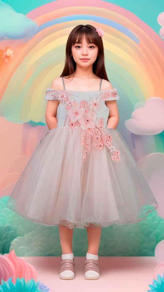 Vestido Niña Hombros Descubiertos con Tul y Bordado