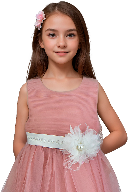 Vestido Niña Rosa Palo Tul con Cinturón Blanco y Bordado