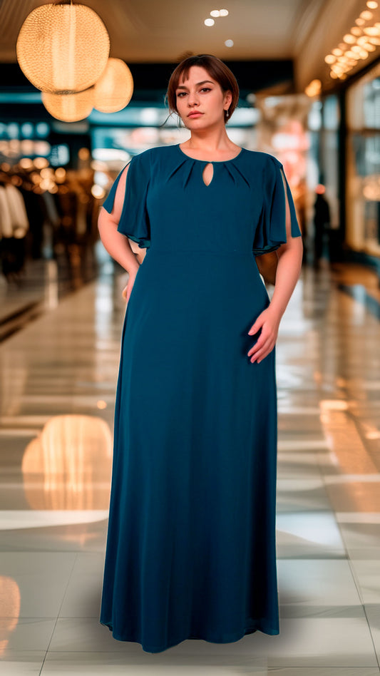 Vestido Chifón Turquesa Tallas Extras con Mangas Abiertas 3/4 | XL-3XL
