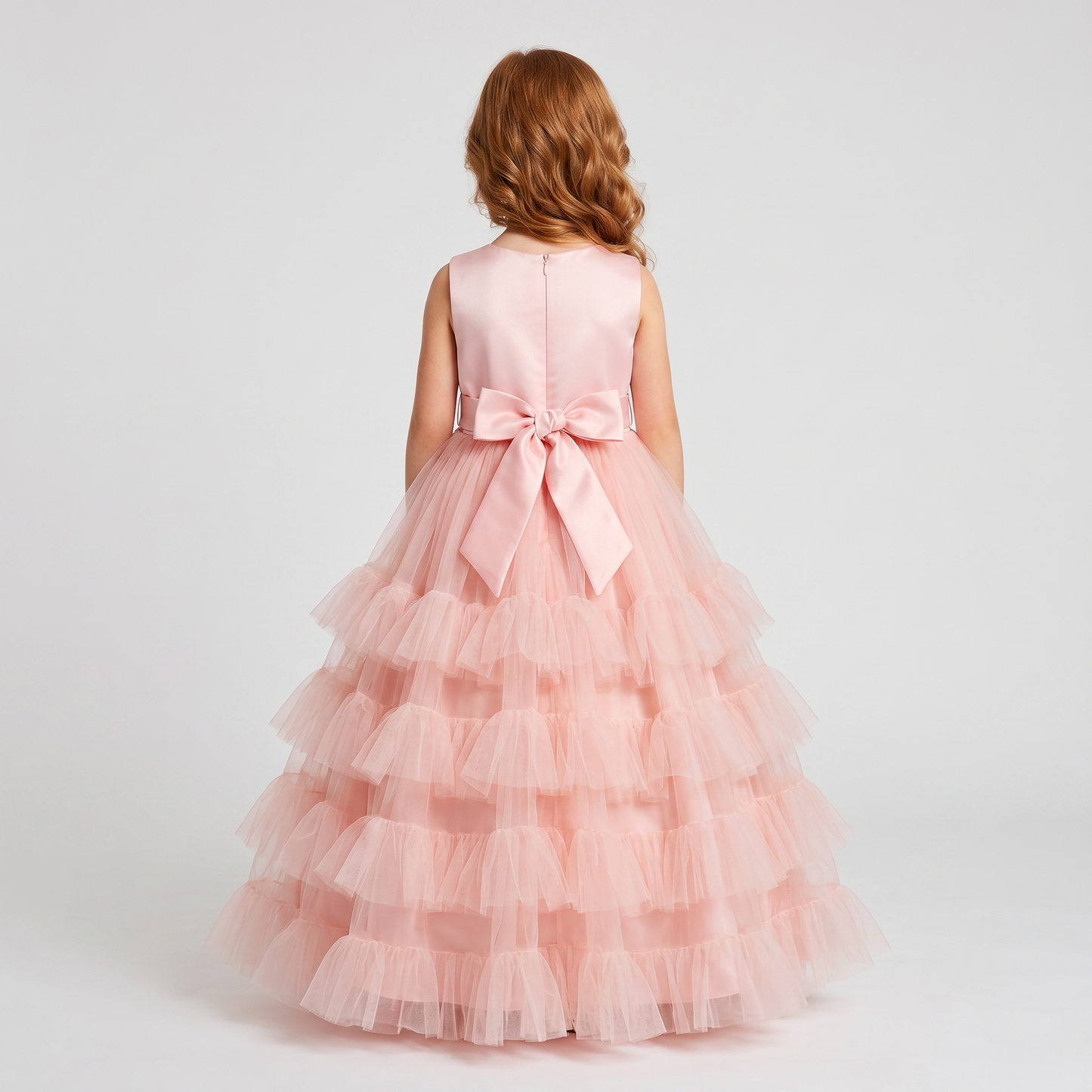 Vestido de Tul Blush con Guipur y Volantes para Niña Tallas 120-160