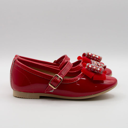 Zapatos de Charol Rojo con Moño de Piedras para Niña | Tallas 13-26