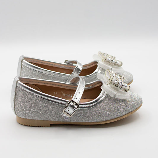 Zapatillas Plateadas con Moño de Piedras y Glitter para Niña Tallas 13-26