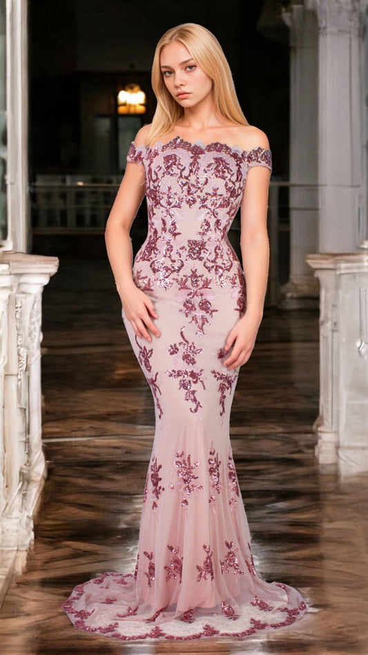 Vestido Rosa Corte Sirena con Hombros Descubiertos y Bordado Delicado Tallas S-L