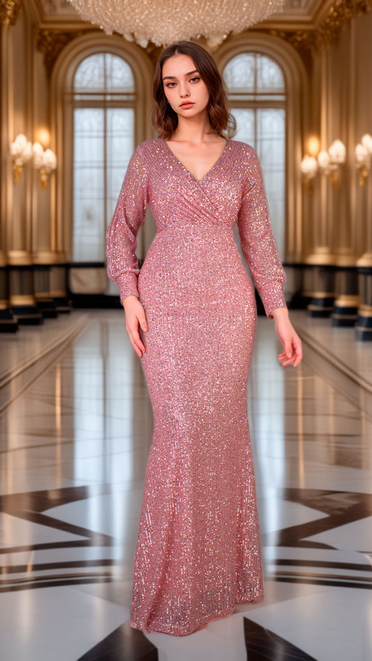 Vestido Rosa Sirena de Manga Larga con Lentejuelas y Escote Profundo Tallas S-L