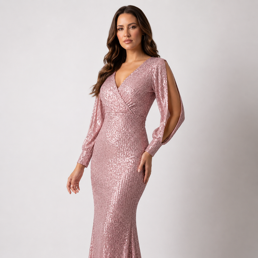 Sequin Plunge V-Neck Long Sleeve Mermaid Pink Dress Sizes S-L