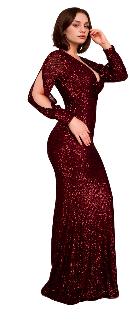 Vestido Largo Color Vino de Lentejuelas con Manga Larga Entallado Tallas S-L