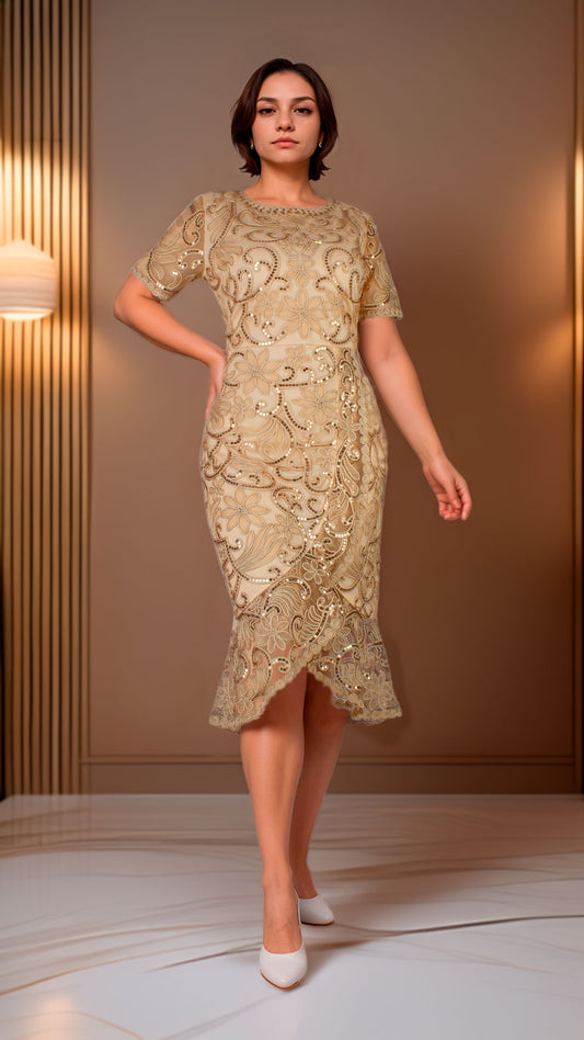 Vestido Dorado Manga Corta Tallas Extras Acabado Luminoso