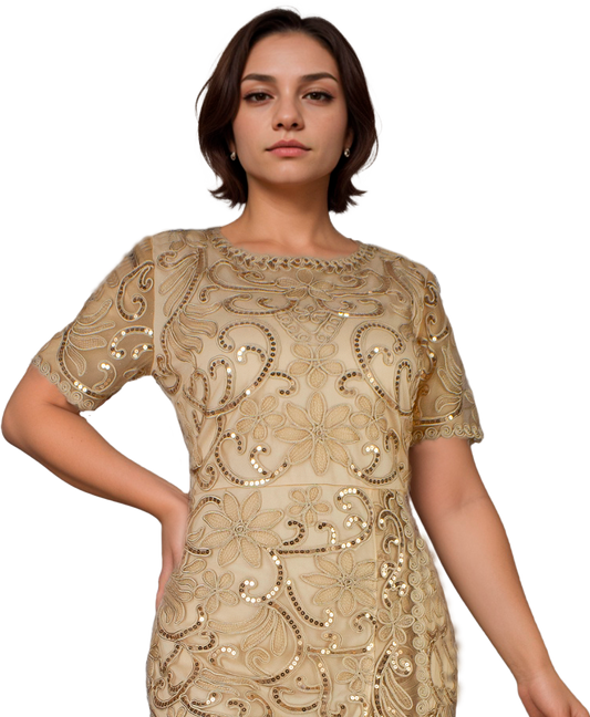 Vestido Dorado Manga Corta Tallas Extras Acabado Luminoso