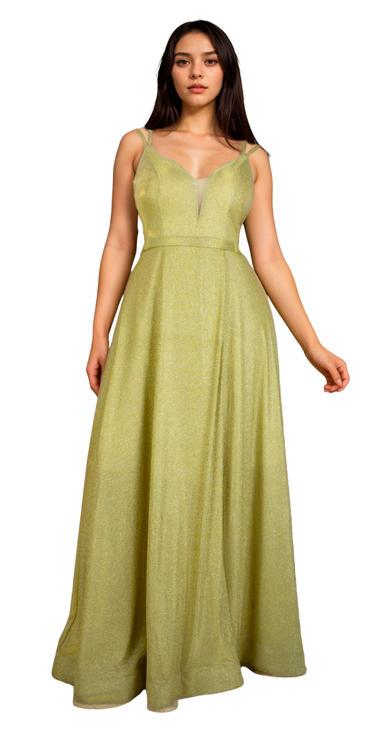 Vestido Dorado Escote en V Corte Princesa con Glitter Plateado y Abertura en Pierna Tallas S-L