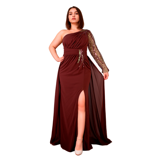 Vestido Asimétrico Terracota Sirena Manga Larga con Bordados Tallas S-XL