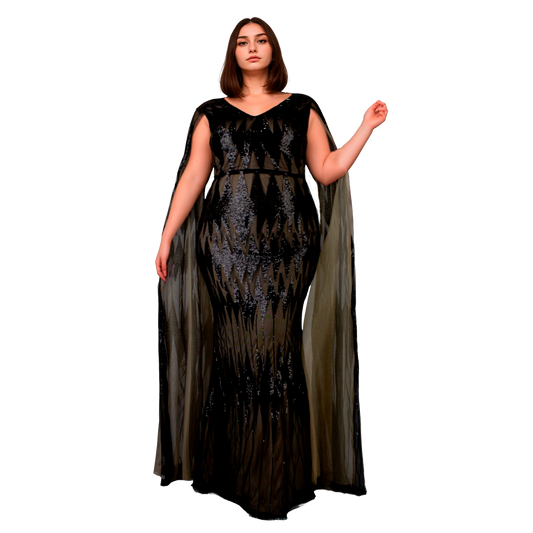 Vestido de Noche Negro con Lentejuelas Manga Larga Escote en V L-4XL