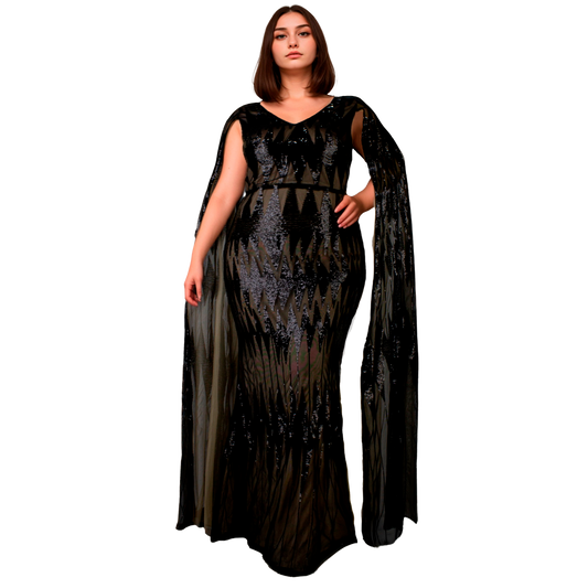 Vestido de Noche Negro con Lentejuelas Manga Larga Escote en V L-4XL